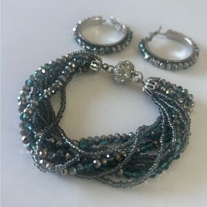 Premier Designs Teal and Silver Twisted Beaded Bracelet with Matching Hoops